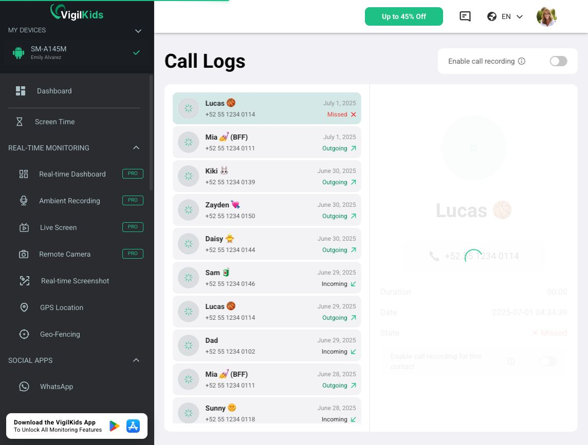 VigilKids Demo dashboard showing Android call logs Looking for the Best Android Parental Control App? What VigilKids Can Actually Do 4