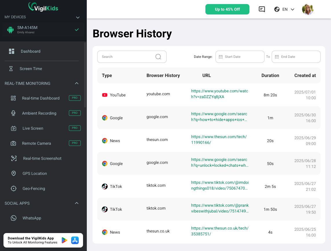 VigilKids Demo dashboard showing browser history Looking for the Best Android Parental Control App? What VigilKids Can Actually Do 8