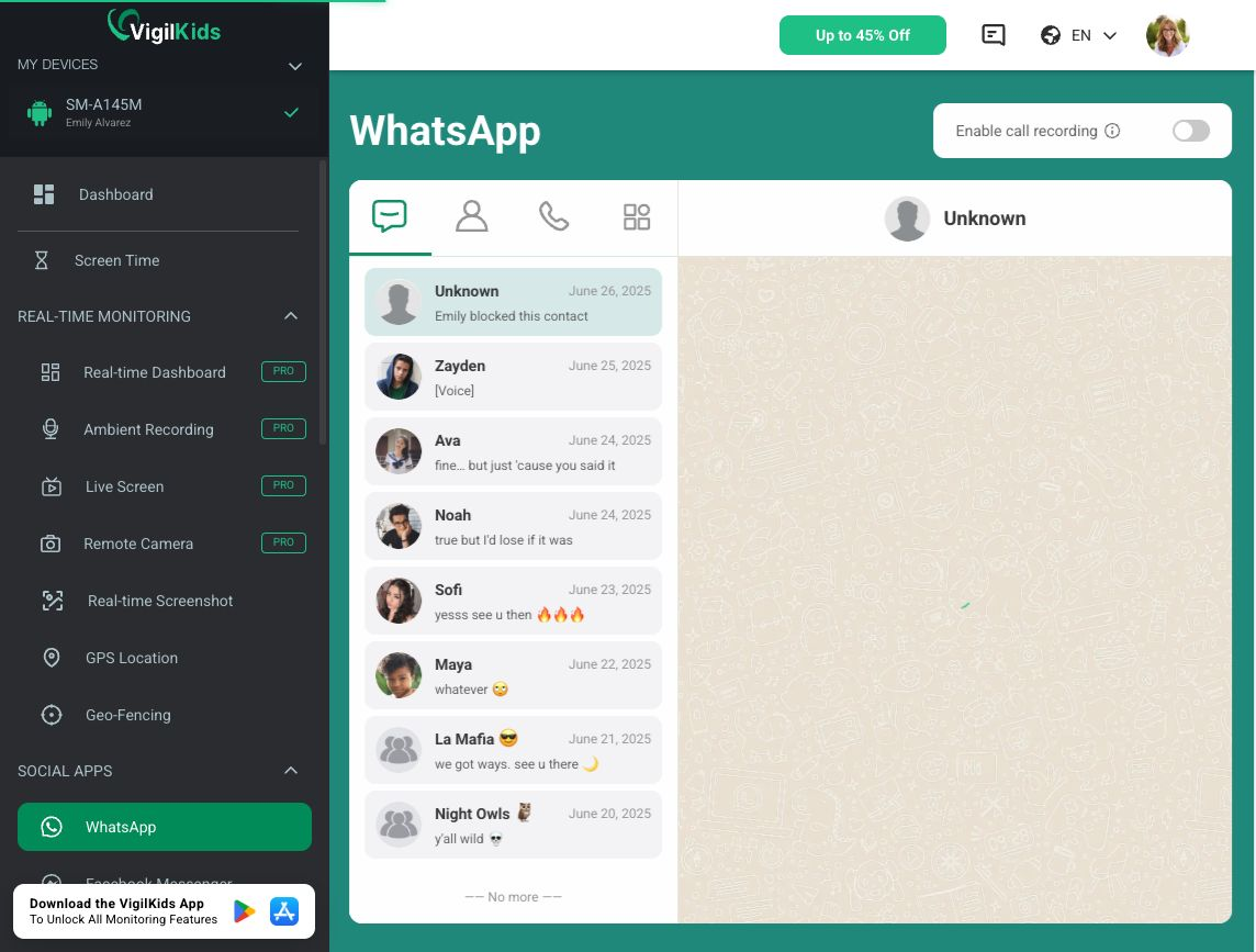 VigilKids Demo dashboard showing WhatsApp conversations Looking for the Best Android Parental Control App? What VigilKids Can Actually Do 3