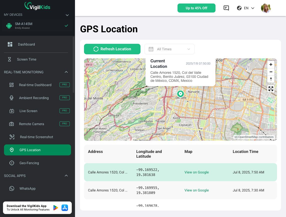 VigilKids Demo dashboard showing GPS location and history Looking for the Best Android Parental Control App? What VigilKids Can Actually Do 5