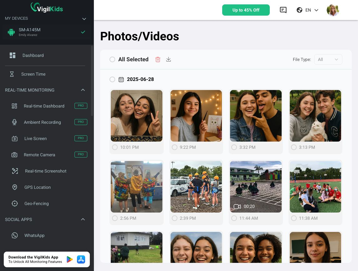 VigilKids Demo dashboard showing photos and videos Looking for the Best Android Parental Control App? What VigilKids Can Actually Do 7