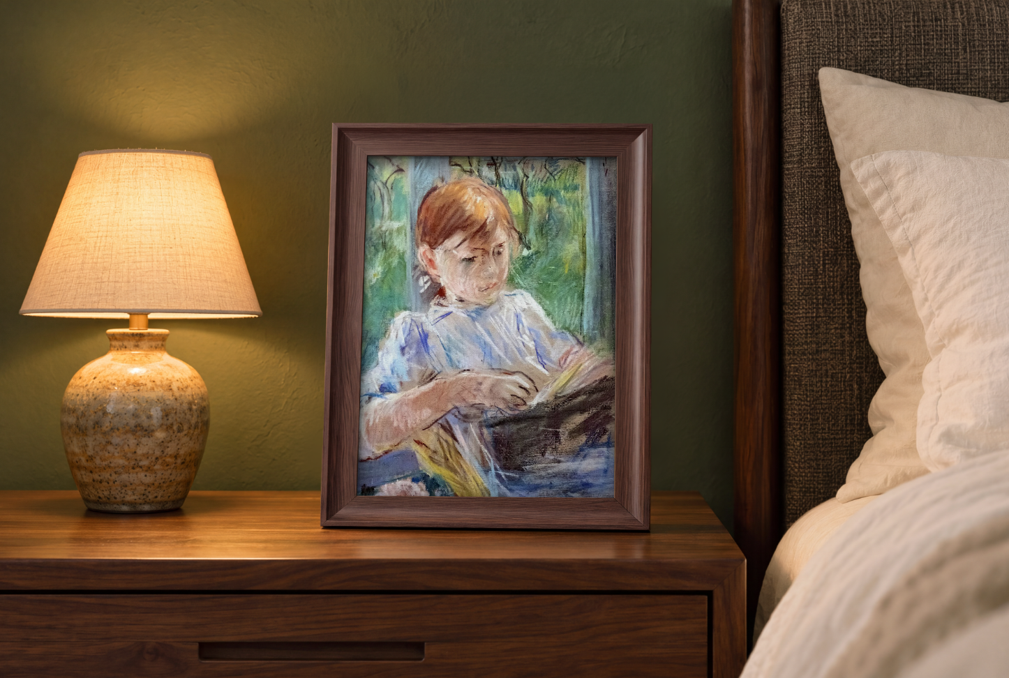 SwitchBot AI Art Frame 2 displaying a painting on a bedside table