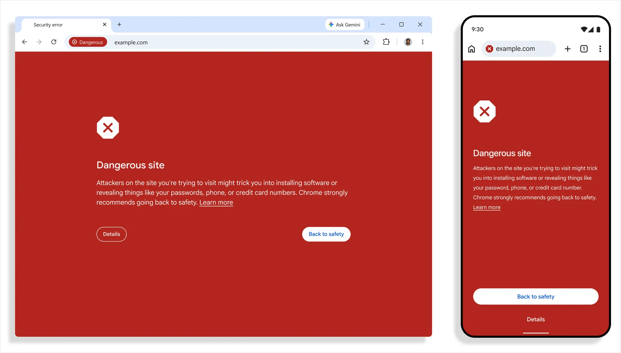Chrome displays a full-size red suspicious site warning page on scam website