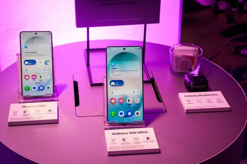 Samsung Galaxy S26 and Galaxy S26 Ultra smartphones displayed alongside Galaxy Buds4 Pro at a product showcase.