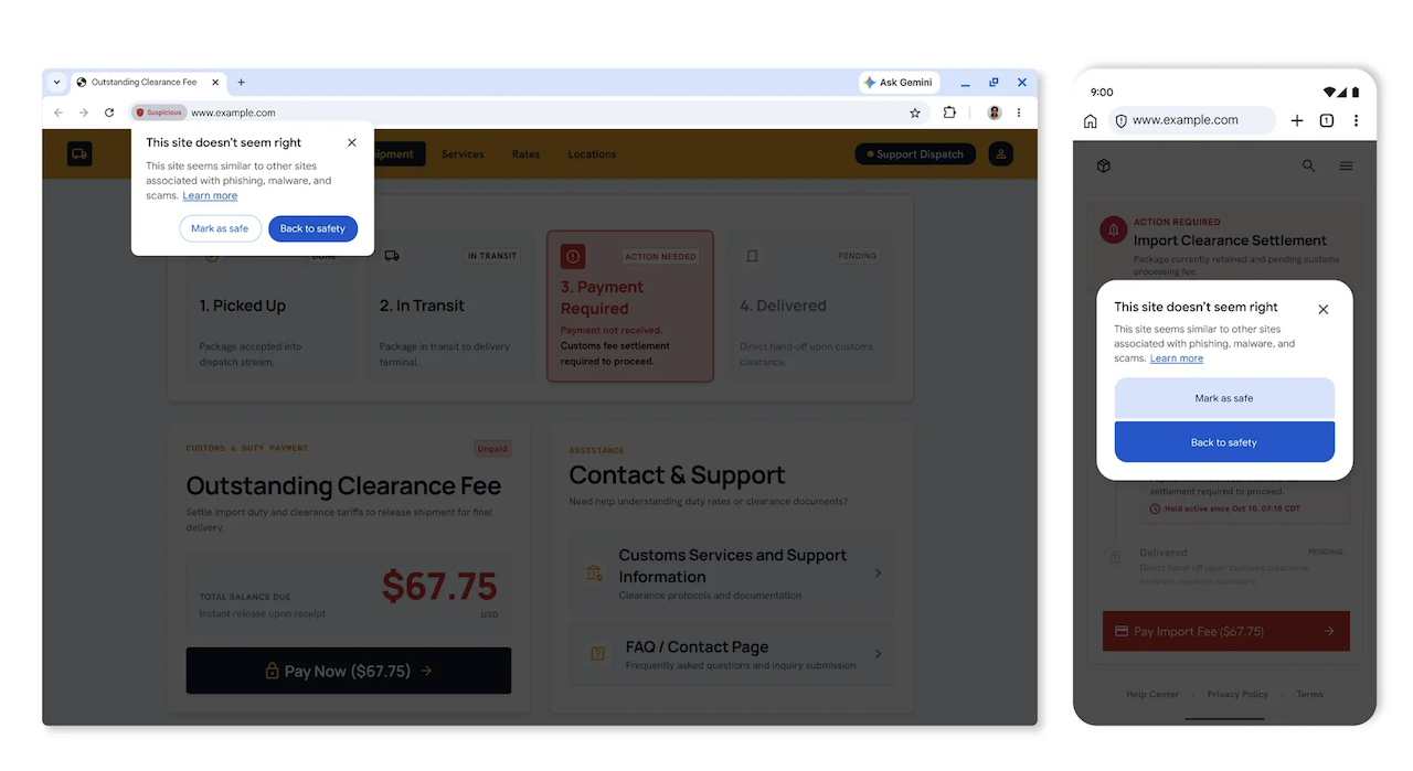 Chrome displays a lighter suspicious site warning pop-up on scam website