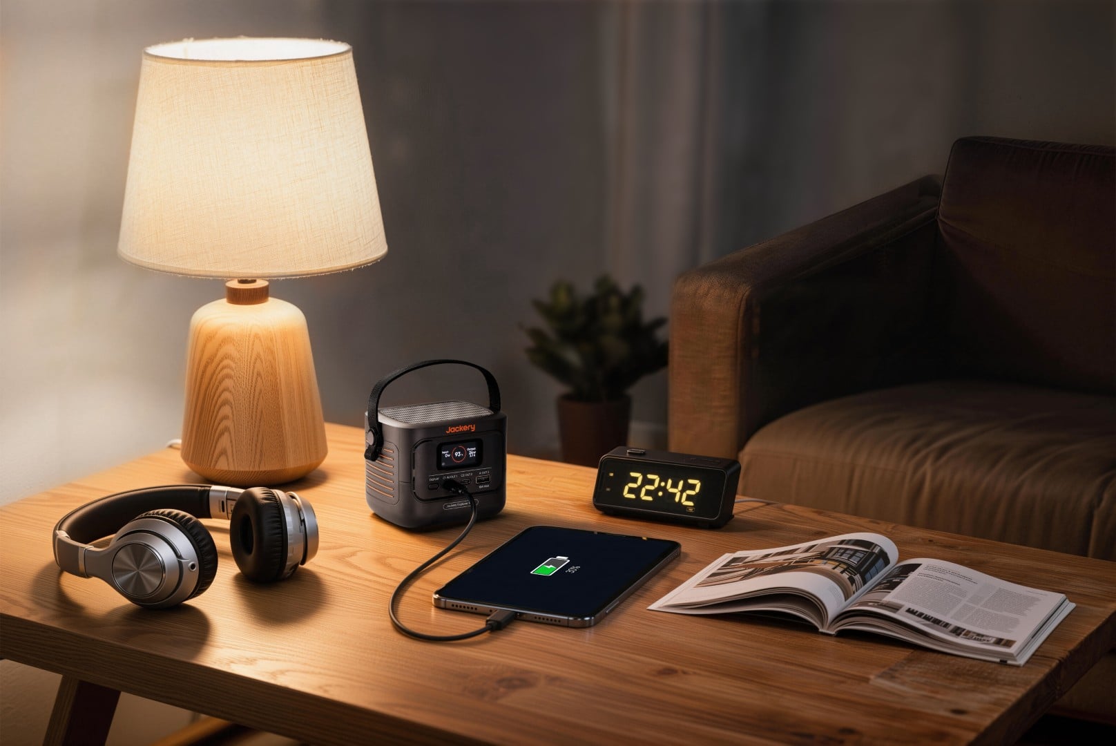 Jackery Explorer 100D charging a tablet on a desk