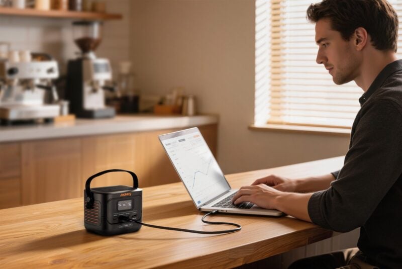 Jackery Explorer 100D powering a laptop on a desk