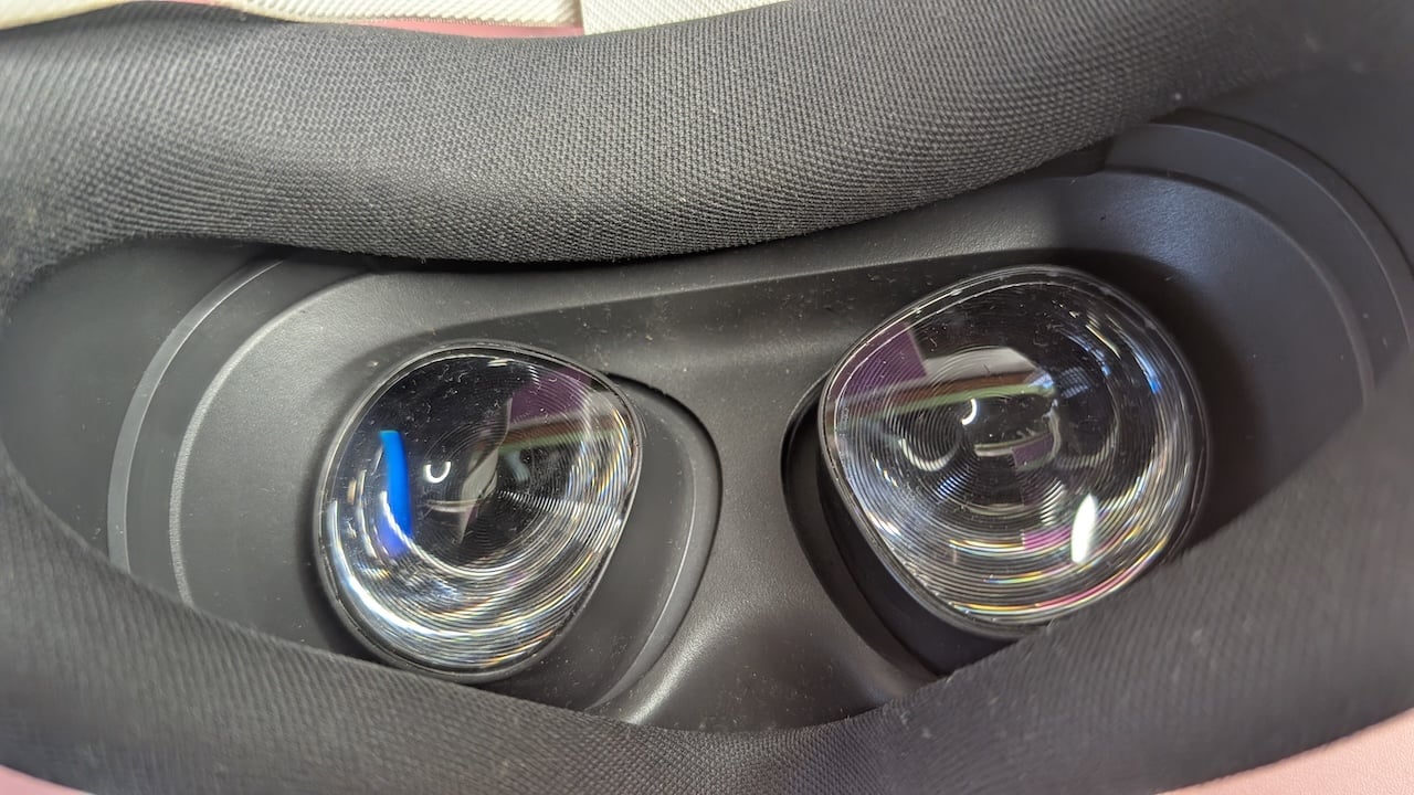 Meta Quest 3S interior view showing the Fresnel lenses and facial interface
