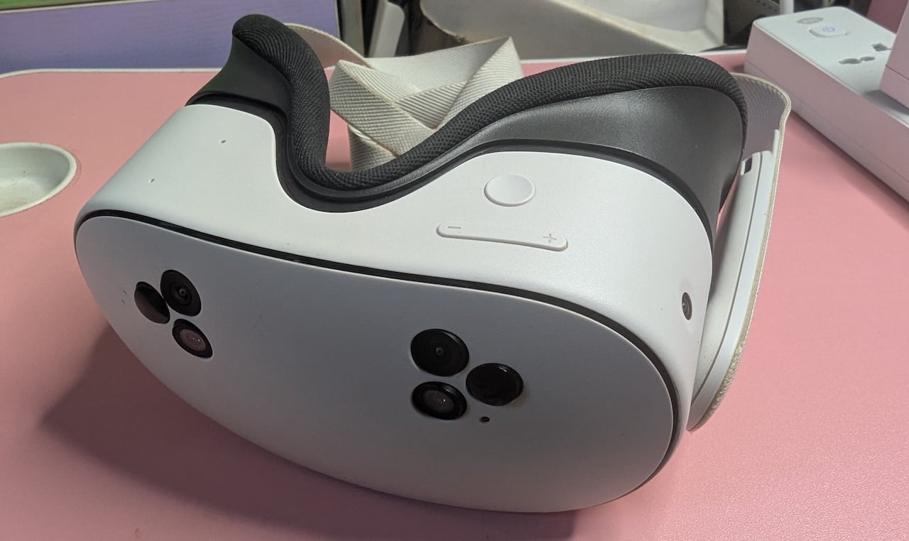 Meta Quest 3S headset showing front sensor clusters and physical buttons