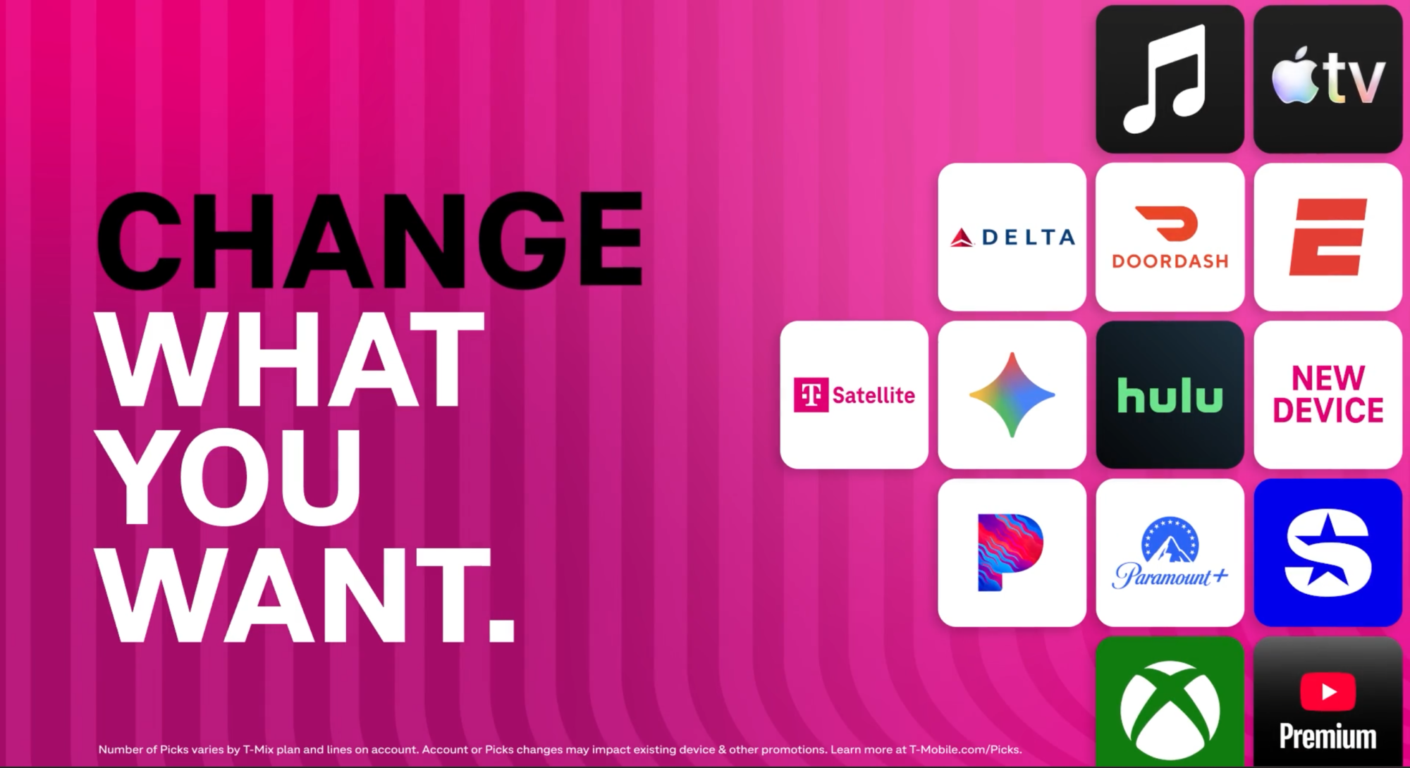 T-Mix partner logos including Apple Music, Apple TV, Delta, DoorDash, ESPN, T-Satellite, Gemini, Hulu, Pandora, Paramount+, SiriusXM, Xbox and YouTube Premium