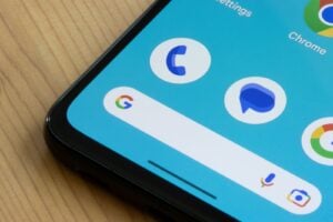 Close-up of an Android smartphone screen showing the Google Messages app icon alongside Phone, Chrome, and Google Search.