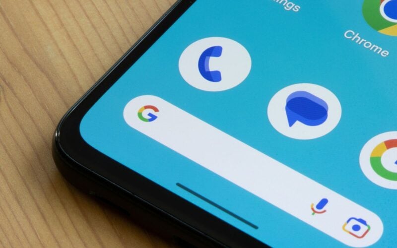 Close-up of an Android smartphone screen showing the Google Messages app icon alongside Phone, Chrome, and Google Search.