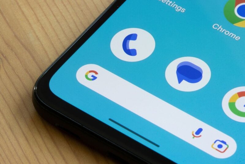 Close-up of an Android smartphone screen showing the Google Messages app icon alongside Phone, Chrome, and Google Search.