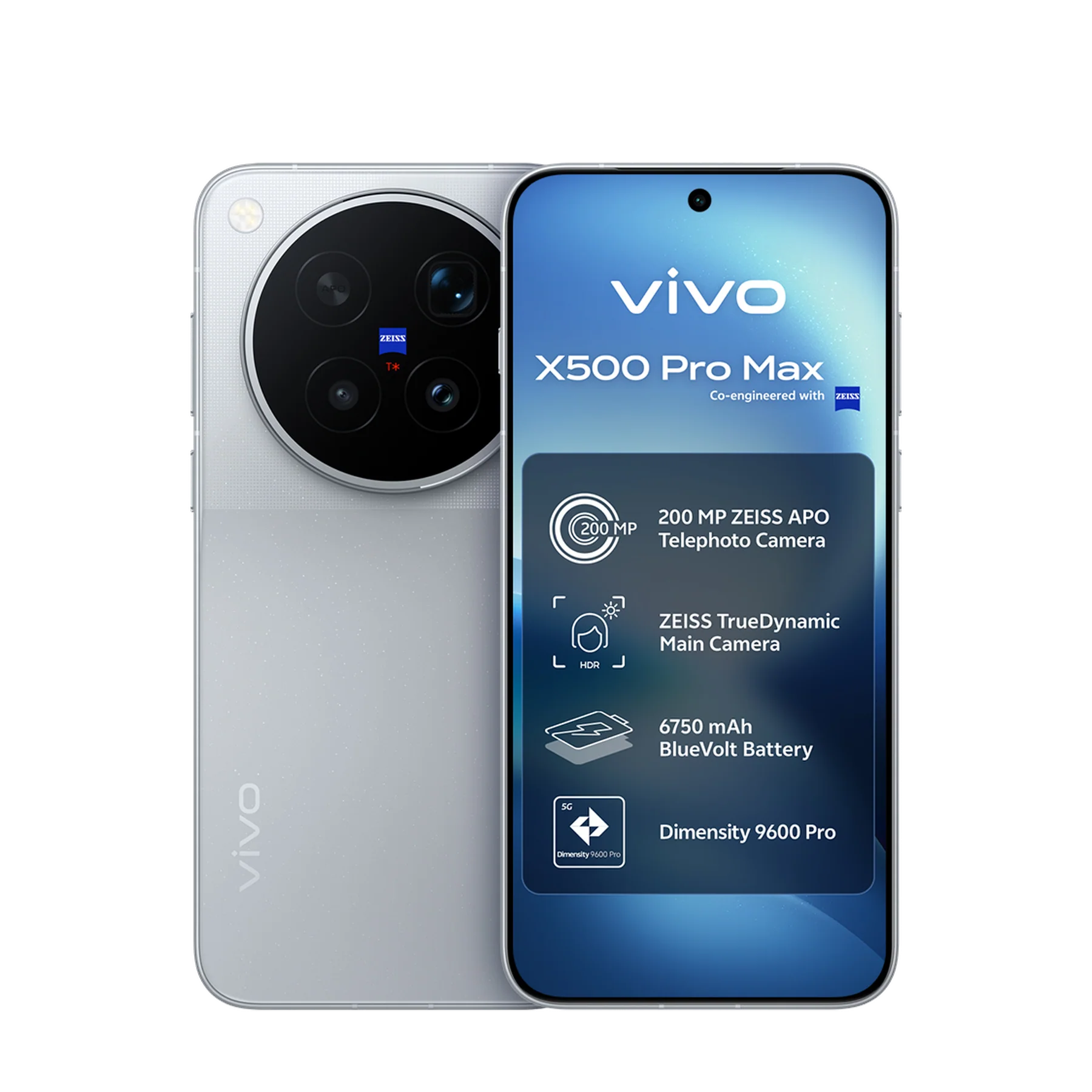 Vivo X500 Pro Max in Starry Gray, front and back