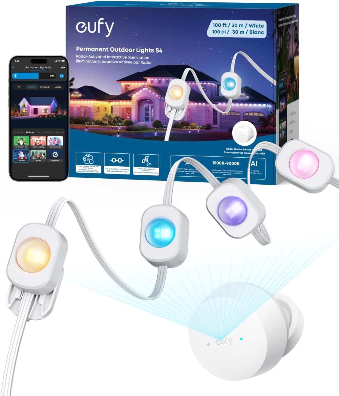 Eufy Permanent Outdoor Lights S4 on a house roofline