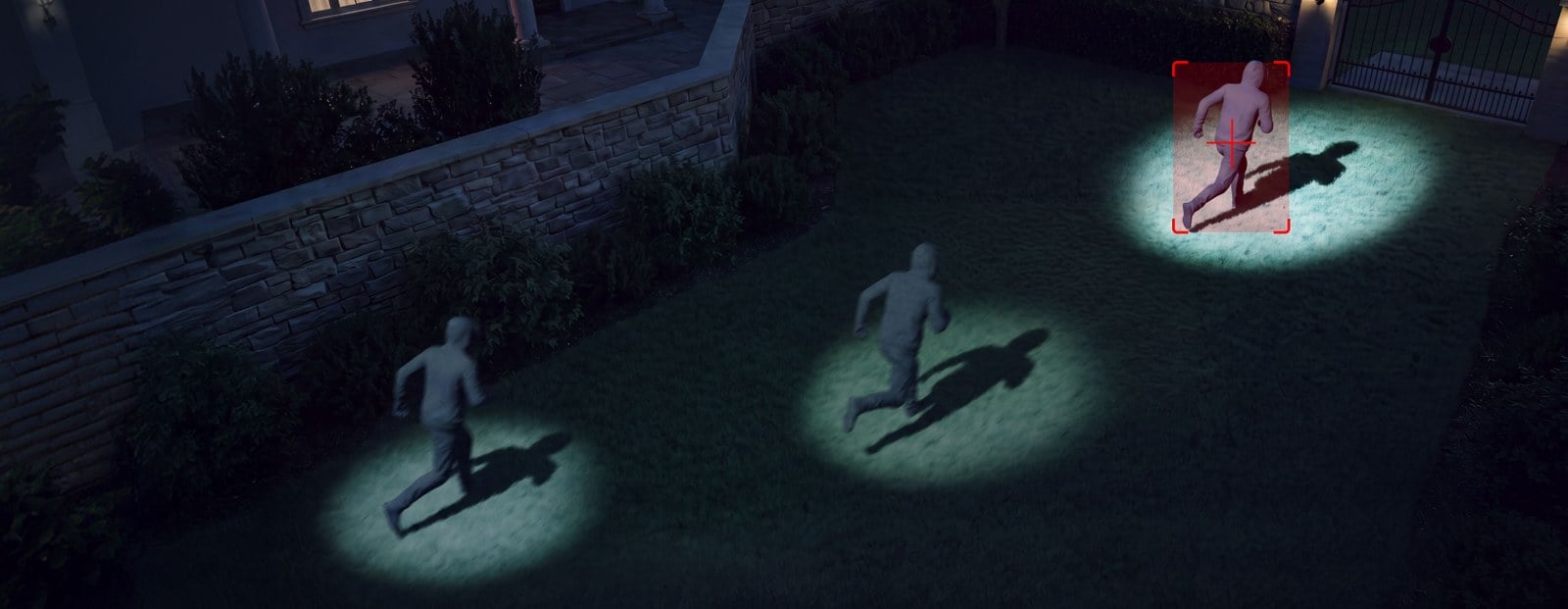 Eufy TrackLight Cam S1 tracking people across a yard at night