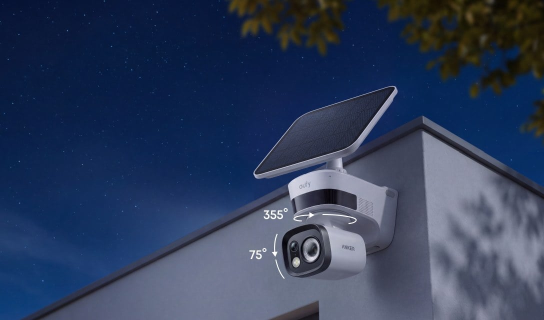 Eufy TrackLight Cam S1 mounted on a wall with its solar panel