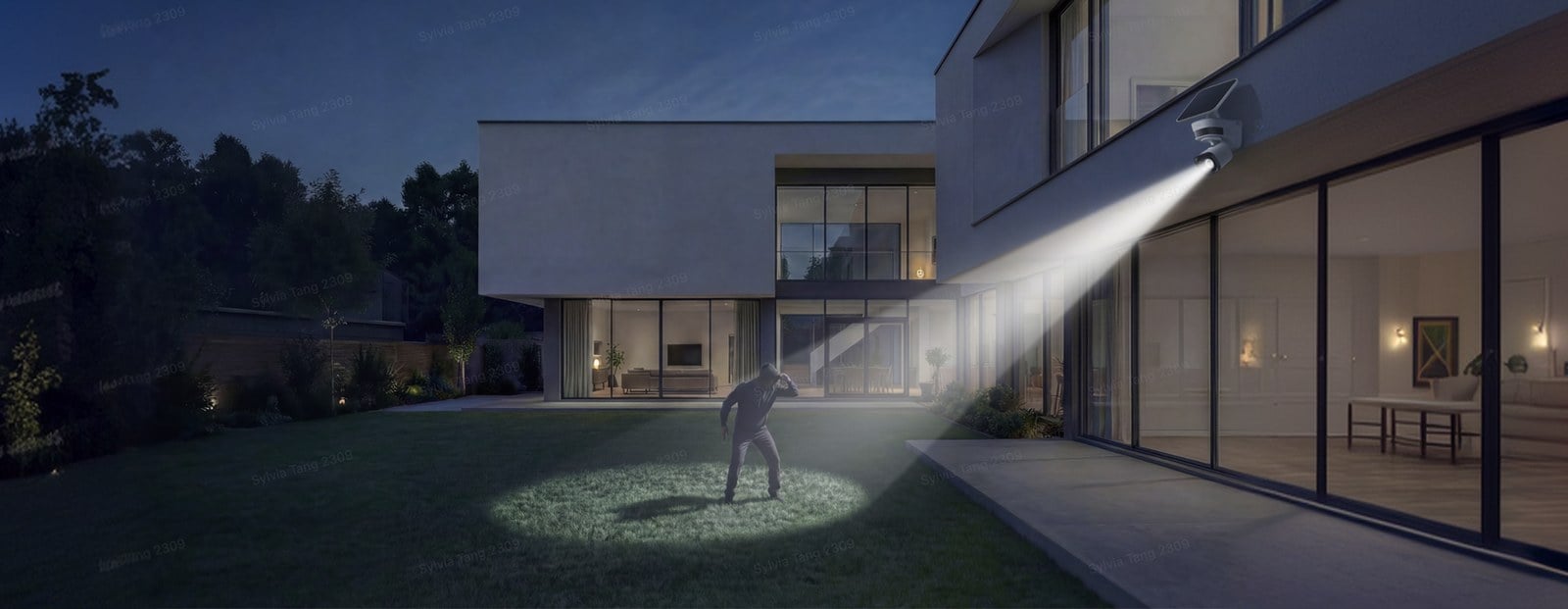 Eufy TrackLight Cam S1 spotlighting a person in a backyard at night