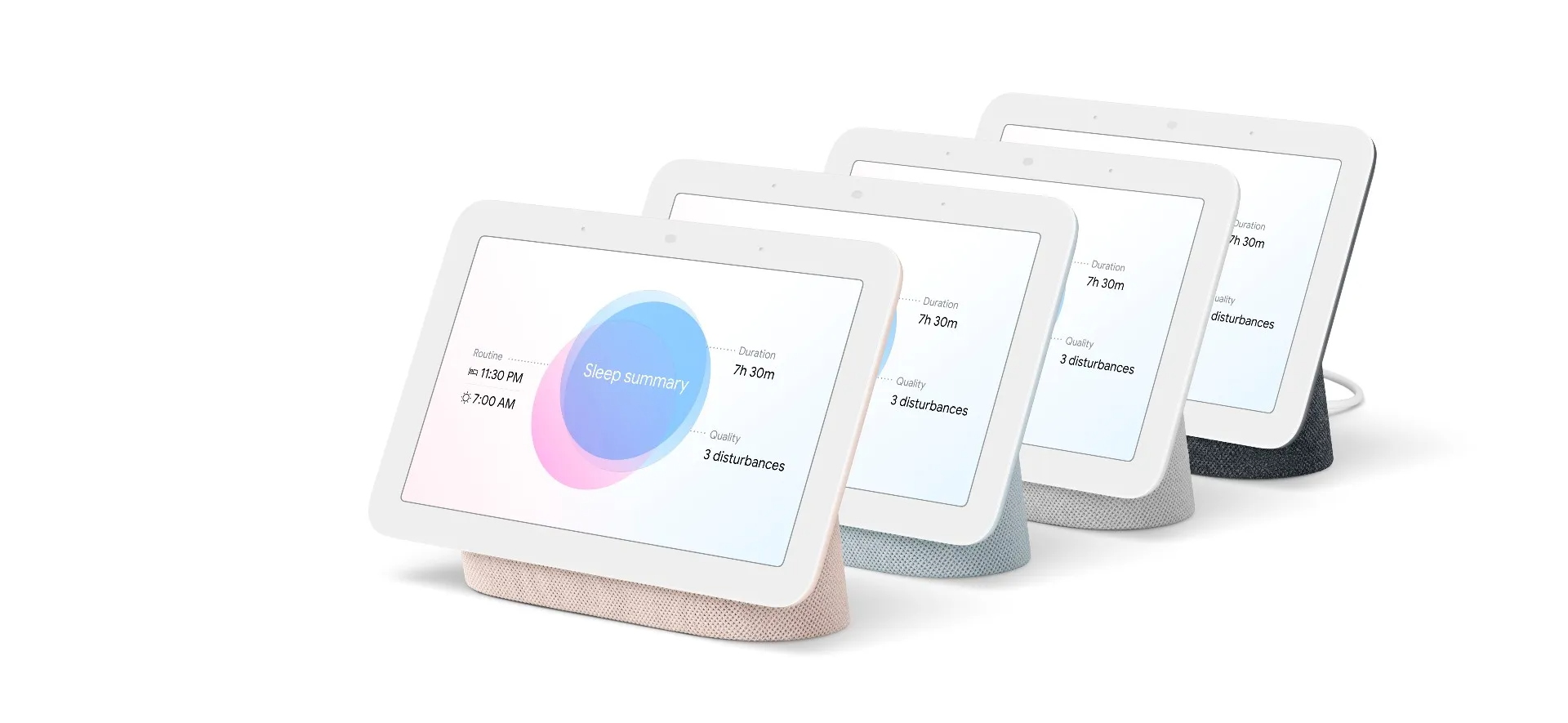 Four Google Nest Hubs with sleep-sensing data on the screens.