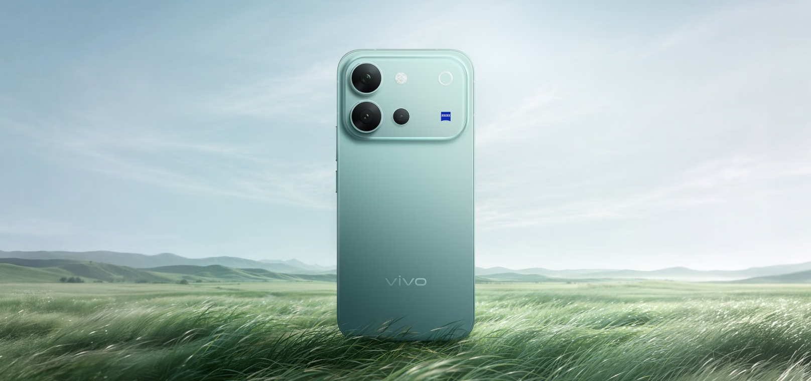 Vivo V80 in Horizon Blue in an outdoor landscape