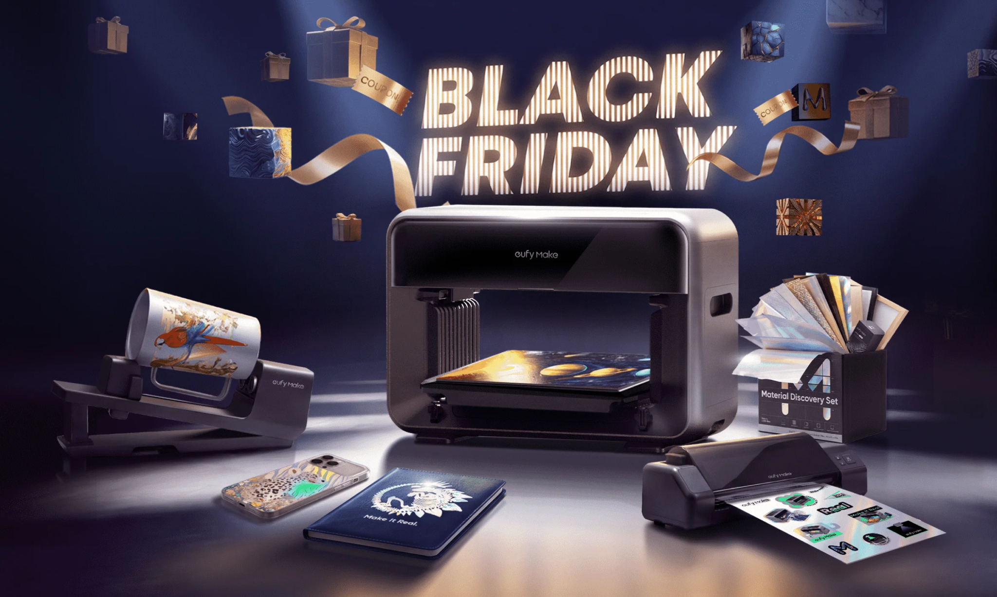 EufyMake UV Printer E1 surrounded by printed products in a Black Friday promo image