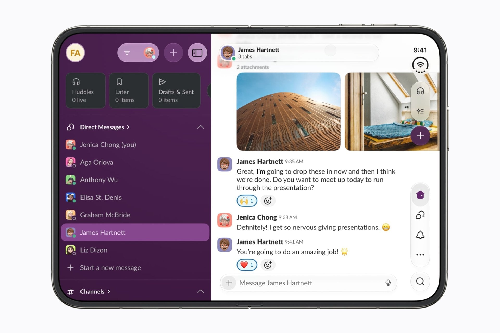 iPhone Duo running Slack on its unfolded 7.6-inch display