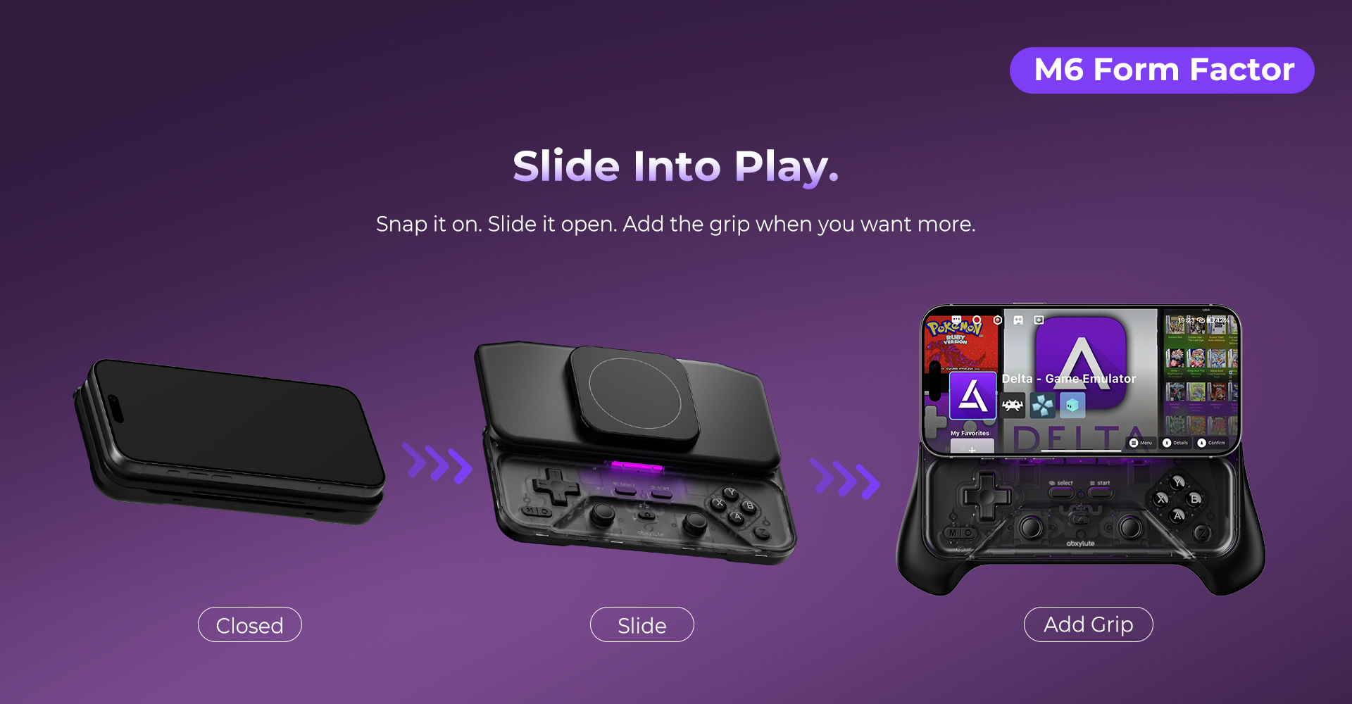 Abxylute M6 controller shown closed, slid open, and with its grip attached