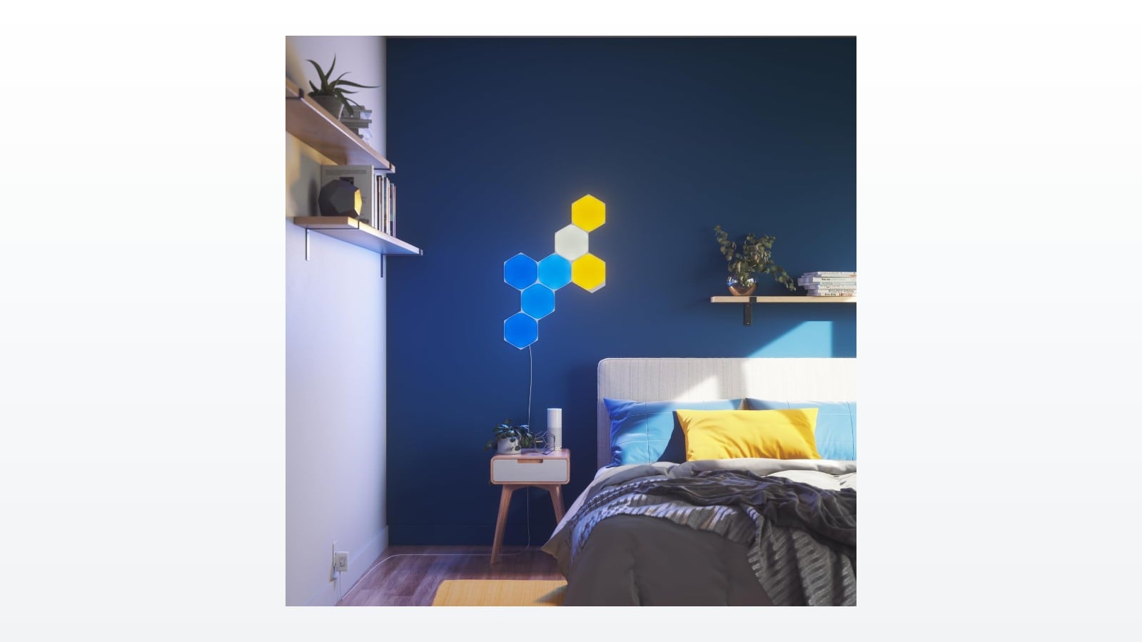 Nanoleaf Shapes Hexagons lit up on a bedroom wall