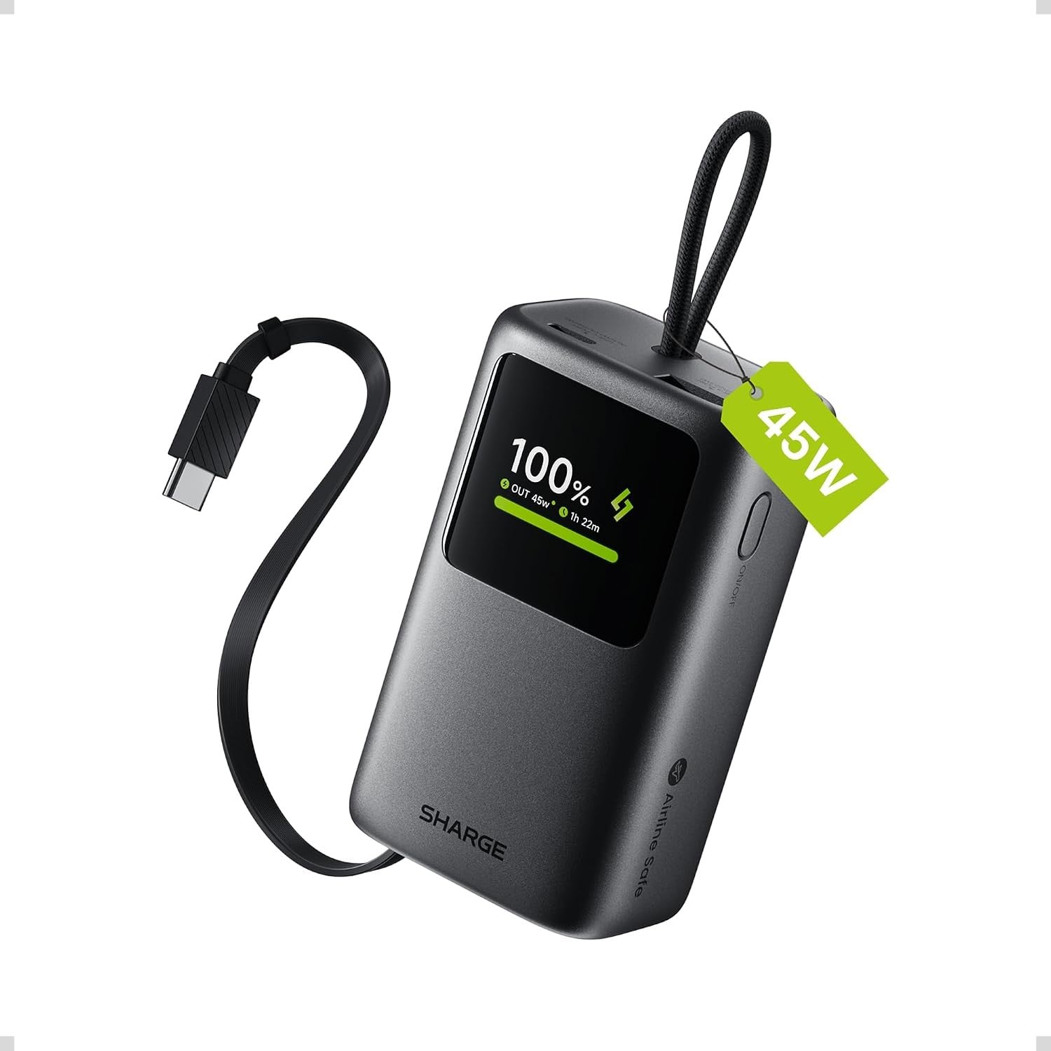 Sharge 45W 10,000mAh power bank with retractable cable