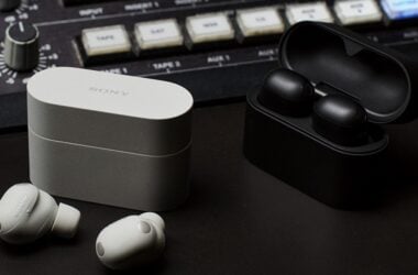 Sony WF-1000XM6 earbuds and charging cases on a studio desk