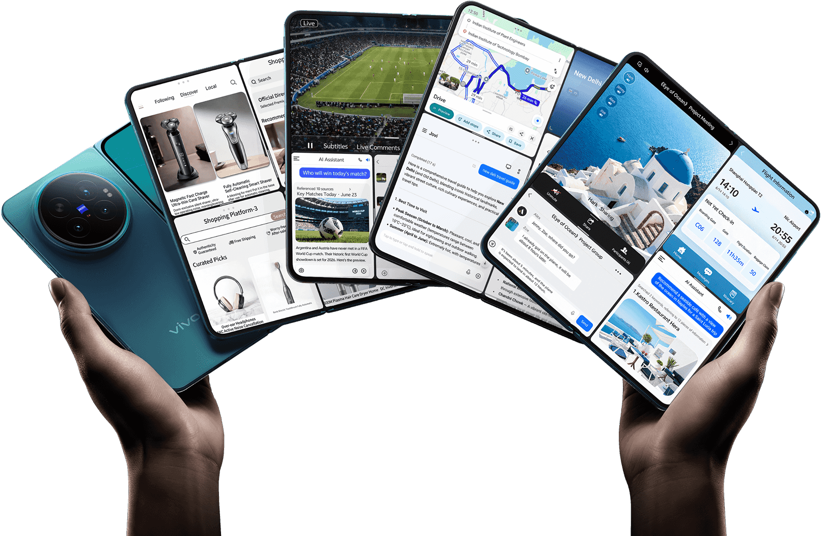 Hands holding the unfolded Vivo X Fold6 with multiple app windows